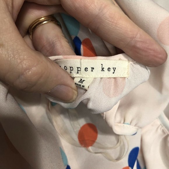 Copper Key Top Womens Sz M Pink Polka Dot Hi-Lo Lace Trim 3/4 Sleeve Blouse - Picture 5 of 12